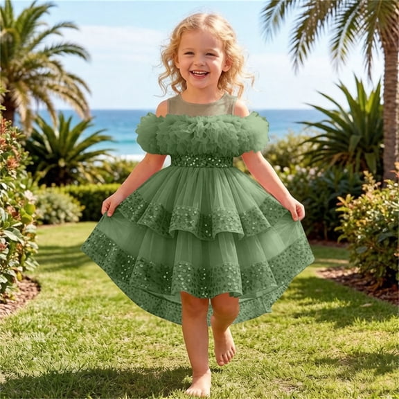 hengsof Girls Summer Sequin Tulle Princess Dress Round Neck Sparkle Cute Pageant Performance Gown for 0-4 Years