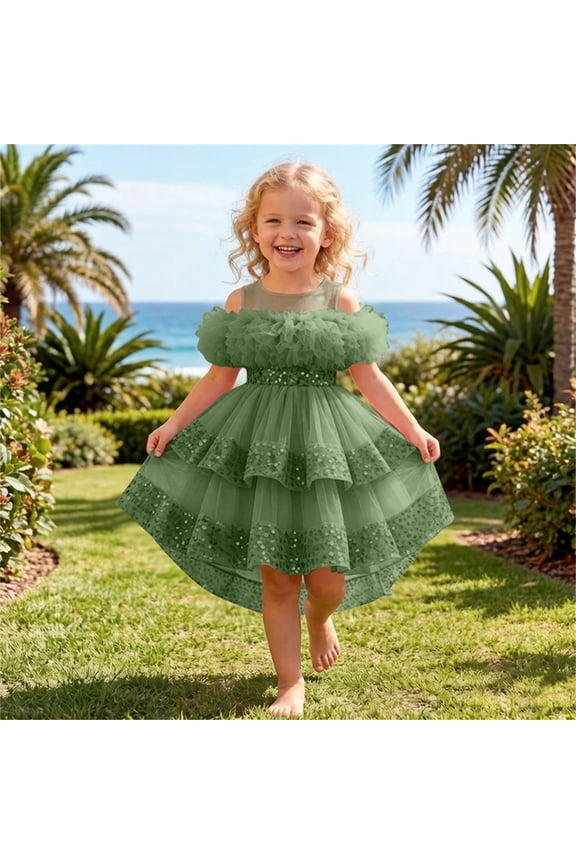 Girls Summer Sequin Tulle Princess Dress Round Neck Sparkle Cute Pageant Performance Gown for 0-4 Years