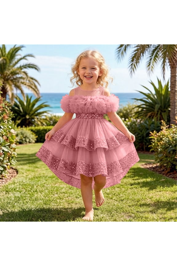 Girls Summer Sequin Tulle Princess Dress Round Neck Sparkle Cute Pageant Performance Gown for 0-4 Years