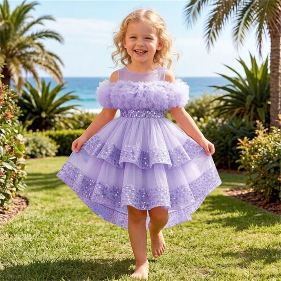 hengsof Girls Summer Sequin Tulle Princess Dress Round Neck Sparkle Cute Pageant Performance Gown for 0-4 Years