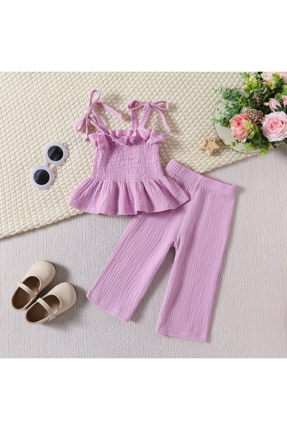 Girls Summer Sleeveless Suit Kids Fashion Pleated Solid Color Casual Tank Top Top Comfortable Elastic Waist Pants Suit Two Piece Outfit