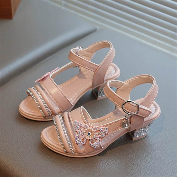 hengsof Girls' Summer Solid Color Rhinestone Bow Sandals Fashionable High Heel Crystal Party Shoes Formal Performance Shoes for Ages 5.5-12.5