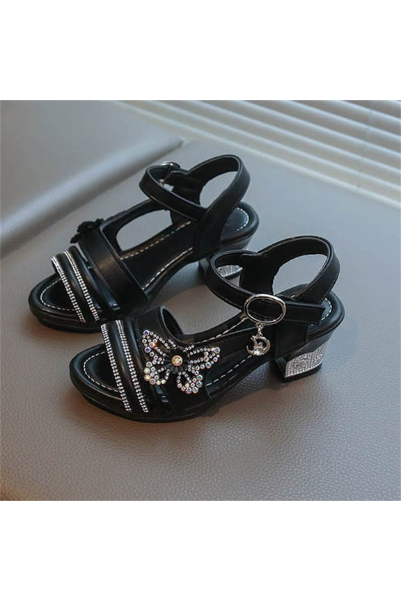 Girls' Summer Solid Color Rhinestone Bow Sandals Fashionable High Heel Crystal Party Shoes Formal Performance Shoes for Ages 5.5-12.5