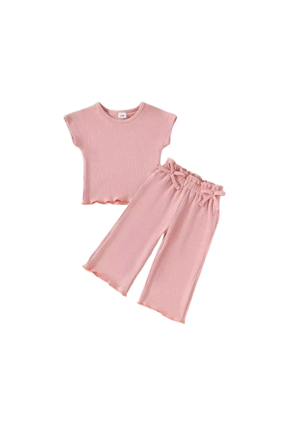 Girls Summer Suit Children's Solid Color Sweet Bow Short Sleeve Round Neck Top Wide Leg Trousers Two Piece Set Cool Comfortable Children's Suit