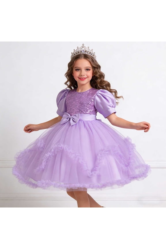 Girls Summer Tulle Bowknot Sequin Puff Sleeve Dress Mesh Round Neck Princess Party Ball Gown for 2-11 Years