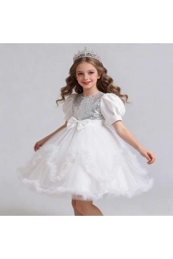 Girls Summer Tulle Bowknot Sequin Puff Sleeve Dress Mesh Round Neck Princess Party Ball Gown for 2-11 Years