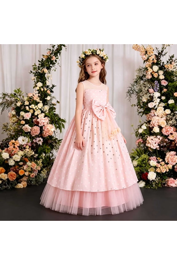 Girls Summer Tulle Sleeveless Dress Polka Dot Bowknot Round Neck Layered Mesh Princess Party Ball Gown