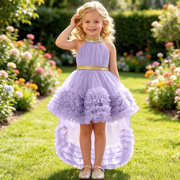 hengsof Girls Summer Tulle Train Princess Dress Halter Neck Cake Gown Sleeveless Cute Pageant Performance for 0-4 Years