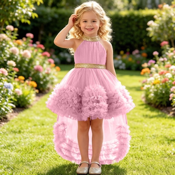 hengsof Girls Summer Tulle Train Princess Dress Halter Neck Cake Gown Sleeveless Cute Pageant Performance for 0-4 Years