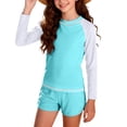 thumbnail image 1 of hengsof Girls Sun Protection Swimsuit 2 Piece Set Summer Fashion Color Block Conservative Long Sleeve Round Neck Quick Dry Rash Guard with Swim Shorts, 1 of 8