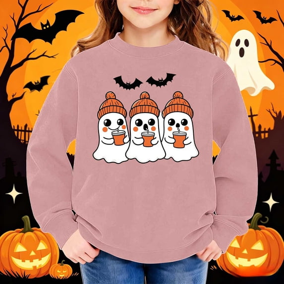 hengsof Girls Sweatshirts Halloween Printed Long Sleeve Crewneck Pullover Toddler Kids Winter Warm Shirt Sweater Tops 1-13Y