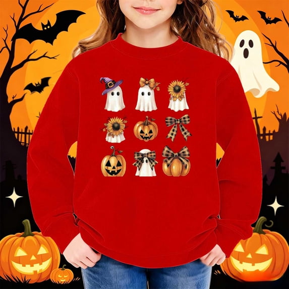 hengsof Girls Sweatshirts Halloween Printed Long Sleeve Crewneck Pullover Toddler Kids Winter Warm Shirt Sweater Tops 1-13Y