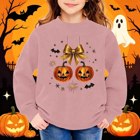 hengsof Girls Sweatshirts Halloween Printed Long Sleeve Crewneck Pullover Toddler Kids Winter Warm Shirt Sweater Tops 1-13Y