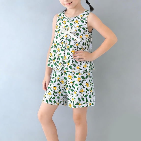 hengsof Girls Sweet Bow 2 Piece Set Sleeveless Round Neck Print Top Solid Elastic Waist Shorts Summer Outfit for 2-10 Years Kids