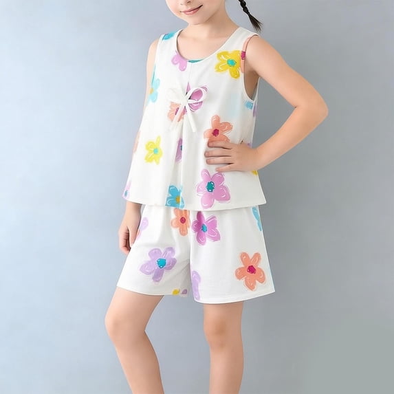 hengsof Girls Sweet Bow 2 Piece Set Sleeveless Round Neck Print Top Solid Elastic Waist Shorts Summer Outfit for 2-10 Years Kids