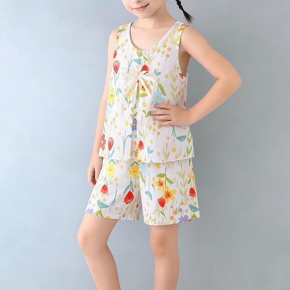 hengsof Girls Sweet Bow 2 Piece Set Sleeveless Round Neck Print Top Solid Elastic Waist Shorts Summer Outfit for 2-10 Years Kids