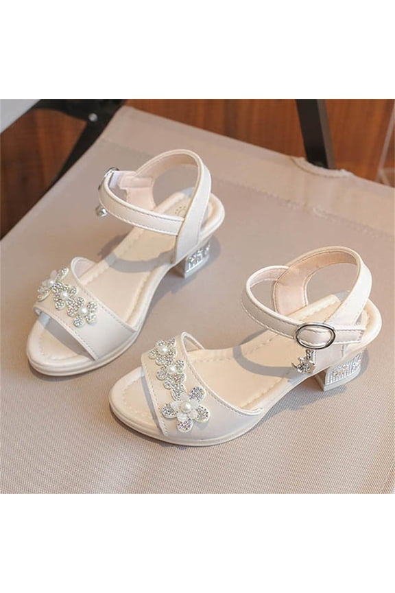 Girls Sweet Flower High Heel Sandals Fashion Party Crystal Shoes Stylish Heels Comfort Stage Flat Shoes for Ages 5.5-12.5 Years