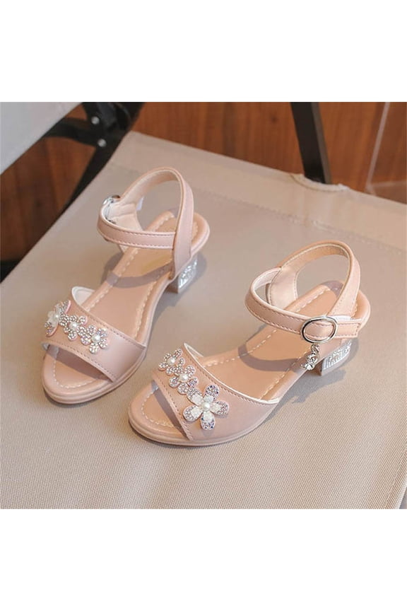 Girls Sweet Flower High Heel Sandals Fashion Party Crystal Shoes Stylish Heels Comfort Stage Flat Shoes for Ages 5.5-12.5 Years