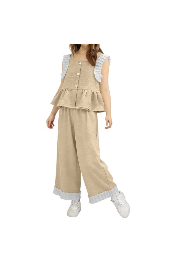 Girls Sweet Ruffled Button Sleeveless Round Neck Vest Elastic Waist Wide Leg Pants Summer Suit 2 Piece Set
