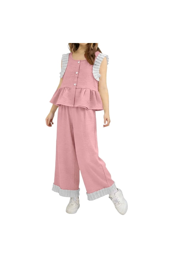 Girls Sweet Ruffled Button Sleeveless Round Neck Vest Elastic Waist Wide Leg Pants Summer Suit 2 Piece Set