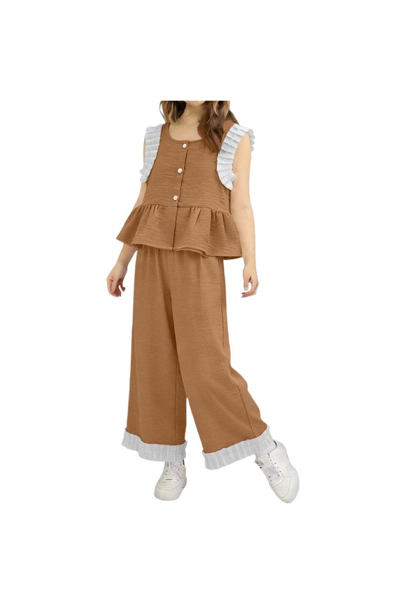 Girls Sweet Ruffled Button Sleeveless Round Neck Vest Elastic Waist Wide Leg Pants Summer Suit 2 Piece Set