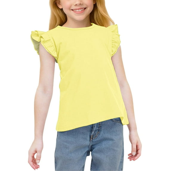 hengsof Girls' Sweet Ruffled Short Sleeve Shirts Kids Fashionable Printing Crew Neck Tops Comfortable Casual Summer T-Shirts