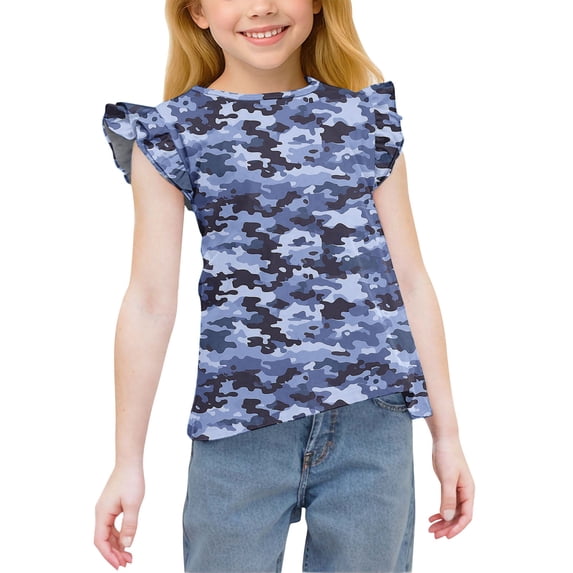 hengsof Girls' Sweet Ruffled Short Sleeve Shirts Kids Fashionable Printing Crew Neck Tops Comfortable Casual Summer T-Shirts