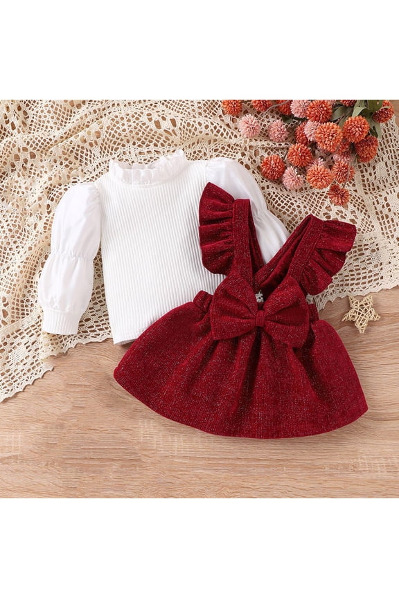 Girls Sweet Suit Bow Dress Solid Color Shirt Suspender Skirt Cute Ruffle Top 2PC Children and Girls Suspender Skirt Suit