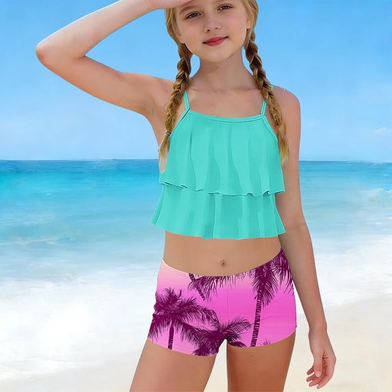 hengsof Girls Swimsuit 2 Piece Tankini with Shorts Tiered Ruffle Straps Swimwear Beach Vacation Beach Swimsuit Suit 6-15Y