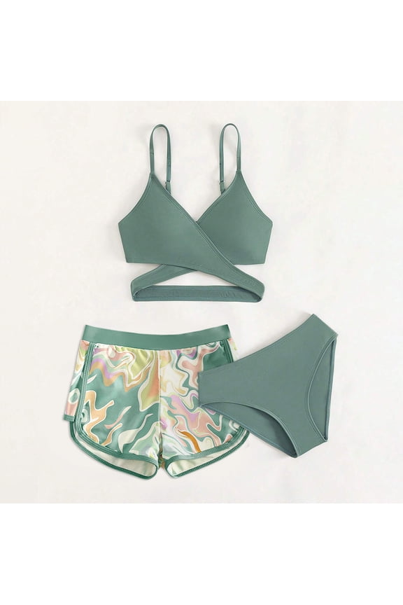 Girls Swimsuit 3 Piece High Waist Sport Bathing Suit Quick Dry Bikini Tankini Sets Sport Swimsuits with Shorts