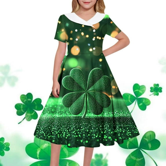 hengsof Girls Themed Print Collared Dress for 5-14 Years, Short Sleeve Button Detail Party Gown, Holiday Celebration Formal Wear