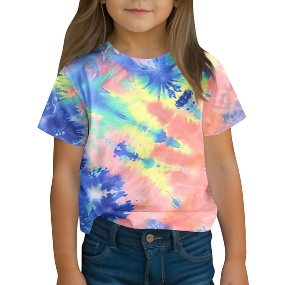 hengsof Girls Tie Dye Printed Short Sleeve T-Shirt, Fashionable Graphic Casual Crew Neck Top, Comfortable Everyday Shirt, Ages 3-14