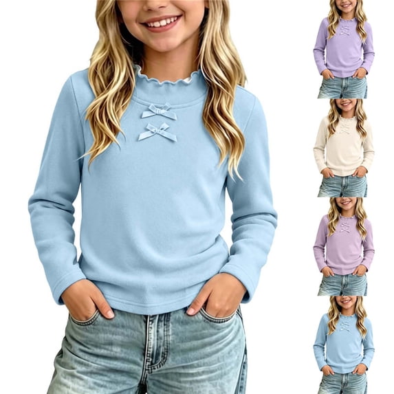 hengsof Girls Turtleneck Bow T Shirt, Fleece Mock Neck Thermal Tops Long Sleeve Kids Sweater Soft Base Layer Undershirt