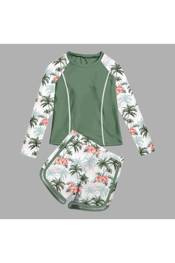 Girls Two Piece Swimsuit Long Sleeve Floral Bathing Suit Summer Beach Swimwear Stylish Printed Shorts Swimsuit