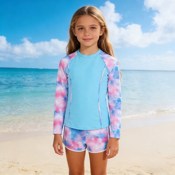 hengsof Girls Two Piece Swimsuit Long Sleeve Floral Bathing Suit Summer Beach Swimwear Stylish Printed Shorts Swimsuit