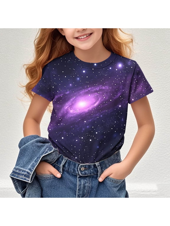 Girls Universe Galaxy Star Printed Short Sleeve T-Shirt Space Themed Fashionable Crew Neck Top Sizes 3-14 Years