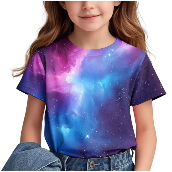 hengsof Girls Universe Galaxy Star Printed Short Sleeve T-Shirt Space Themed Fashionable Crew Neck Top Sizes 3-14 Years