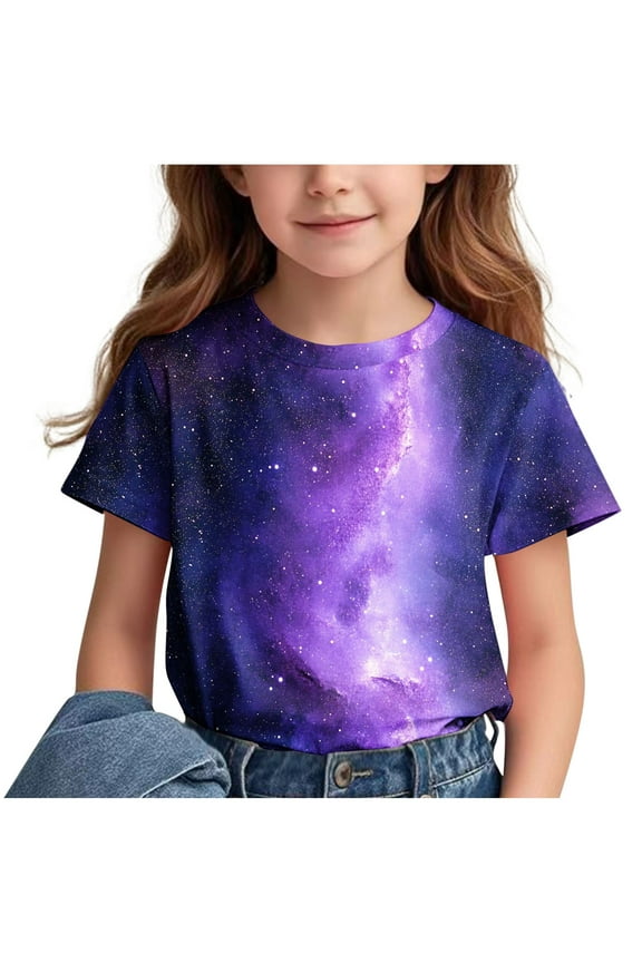 Girls Universe Galaxy Star Printed Short Sleeve T-Shirt Space Themed Fashionable Crew Neck Top Sizes 3-14 Years