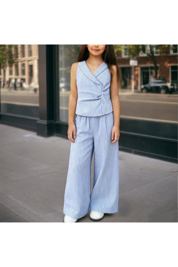 Girls Vertical Stripe Vest Two Piece Set Sleeveless Fitted Shirt Long Pants Outfit Casual Fashion Suit for 8-12 Years Old