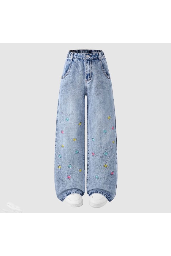 Girls Wide Leg Jeans Fashion Elastic Waist Washed Star Embroidery Casual Summer Denim Pants with Pockets for Kids Ages 6-14