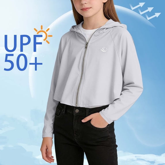 hengsof Girls' Zippered Sun Protection Hoodie Solid Color Long Sleeve Sun Protection Jacket Children's Outdoor Breathable Sun Protection Casual Jacket 1-15Y