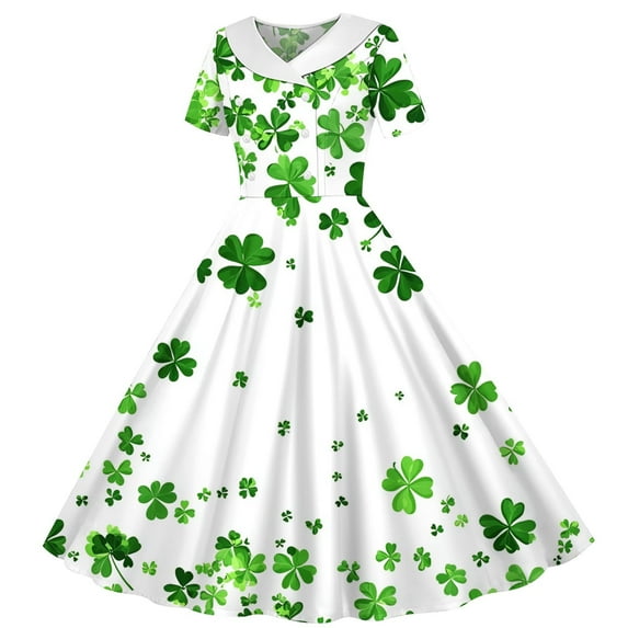 hengsof Green Shamrock Print Collared Dress for Girls, Short Sleeve A Line Party Gown with Detachable Belt, St Patricks Day Celebration Outfit, Size 5-14 Years
