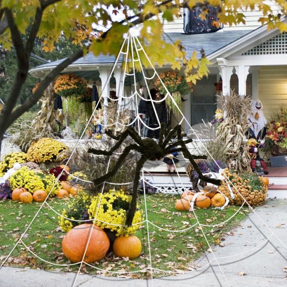 hengsof Halloween Outdoor Decor Set – Triangular Giant Spider Web, Large Scary Spider Stretchable Cobwebs – Durable Party Supplies for Yard, Lawn, Garden – No Electricity Needed