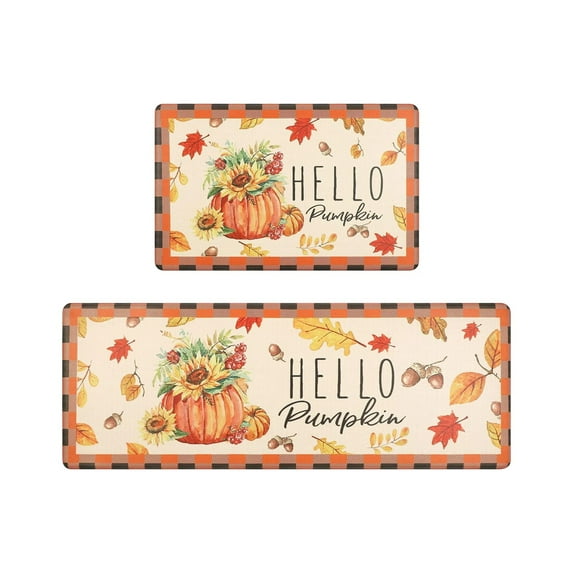 hengsof Halloween Pumpkin Kitchen Mats Set, Nonslip Autumn Kitchen Rugs Watercolor Thanksgiving Door Mats Fall Rugs for Floor Seasonal Maple Leaves Harvest Farmhouse Decor
