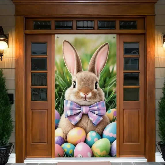 hengsof Happy Easter Door Cover Bunny Banner Large Fabric Colorful Spring Welcome Decoration for Easter Party Photo Booth Background Favor Supplies