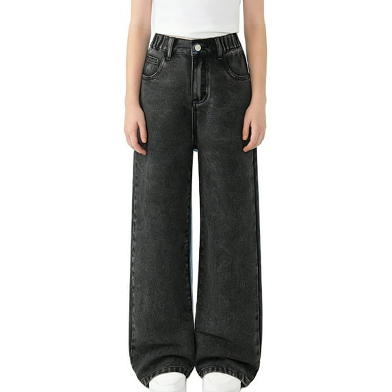 hengsof High Rise Straight Leg Denim Jeans for Teen Boys Girls, Wide Fit Comfort Pants with Elastic Waist, Casual Relaxed Trousers for School, Size 6-13 Years
