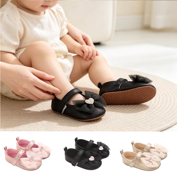 hengsof Infant Girls Soft Sole First Walking Shoes with Adorable Bow, Breathable Non Slip Crib Shoes for Babies 0-12 Months, Spring Fall Baby Girl Princess Shoes