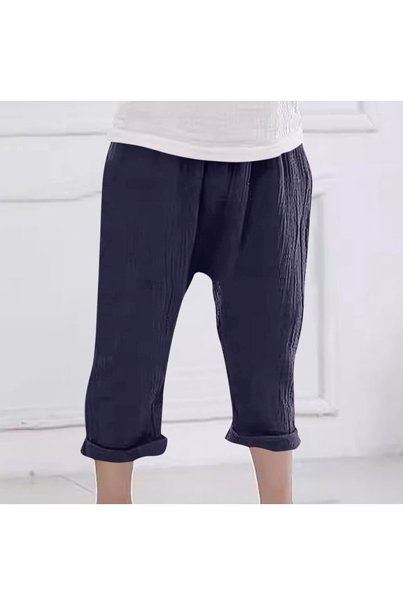 Kids Airy Cropped Harem Pants, Solid Color Textured Cotton Linen Blend Gauze Casual Pants for Spring and Summer, Lightweight Comfort
