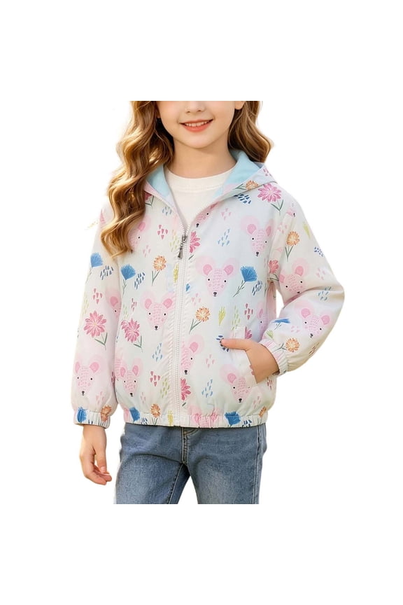 Kids Baby Toddler Girls Cartoon Spring Fall Outerwear Windbreaker Zipper Hooded Jackets Coat with Pockets