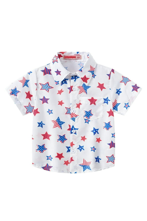 Kids Boys Bohemian Style Short Sleeve Shirt , Boys Summer Fashion Star Patterned Lapel Casual Comfortable Top 1-8 Years